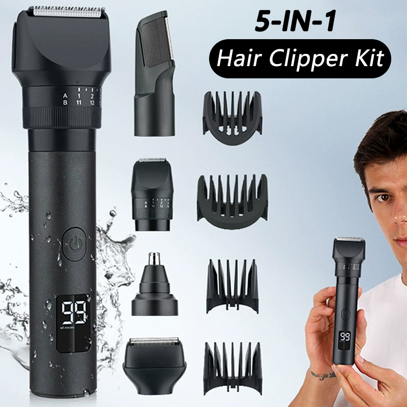 Men'S Grooming Electric Trimmer - 5-in-1コードレスヘアクリッパー LEDディスプレイ付き メンズ髭/鼻毛トリマー 充電式バーバーグルーミングキット 電動ヘアカットマシン