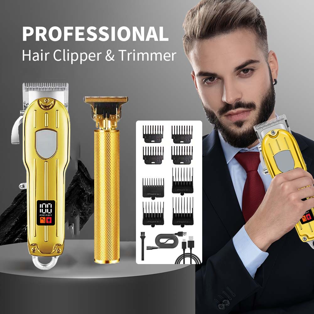 Men'S Grooming Electric Trimmer - 2 in 1電動バリカン＆T字型トリマーセット（男性用）-コードレス髭剃り＆ヘアカットマシン（LCDディスプレイ付き）、USB充電式グルーミングキット（8種類のガイドコーム付き）