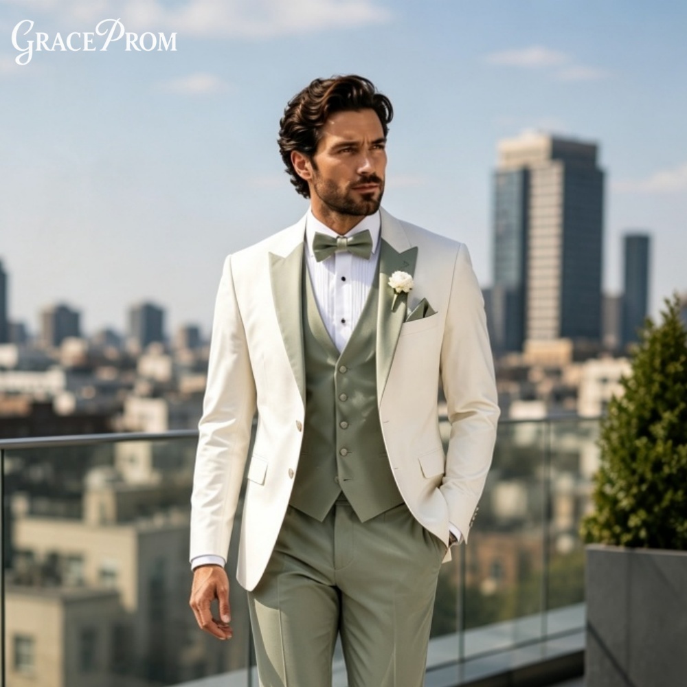 Men'S Grooming Trends - エレガントなノッチドラペルメンズスーツ3ピース 2027年トレンド スリムフィット ウェディンググルーム ブレザー ベスト