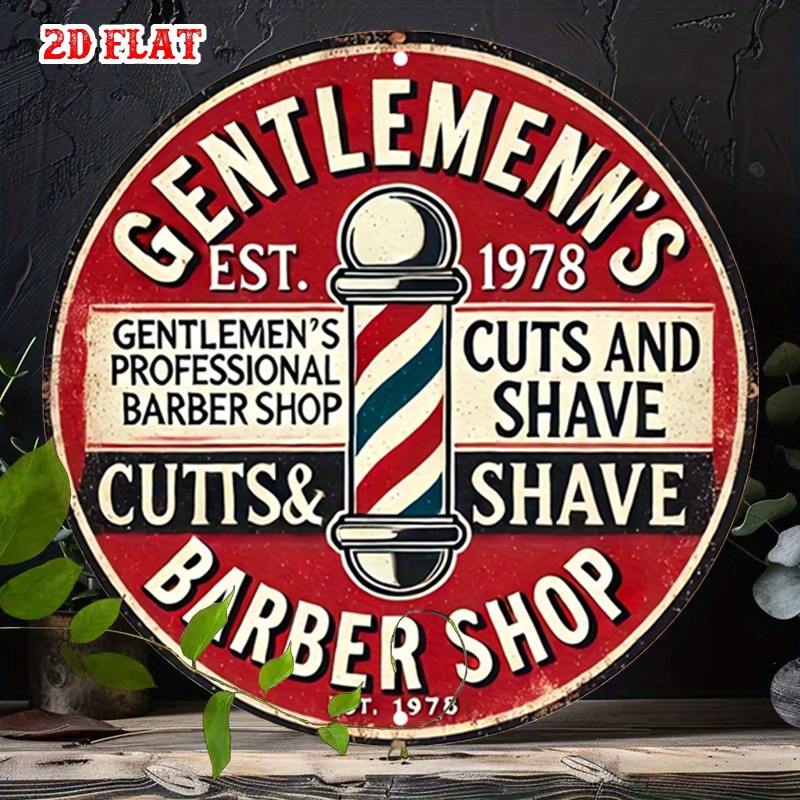 Men'S Grooming Barbershop - クラシックバーバーショップ 2D フラットラウンドアルミニウムサイン – ヴィンテージメタルティンウォールアート、メンズグルーミング装飾用、レトロ 7.87